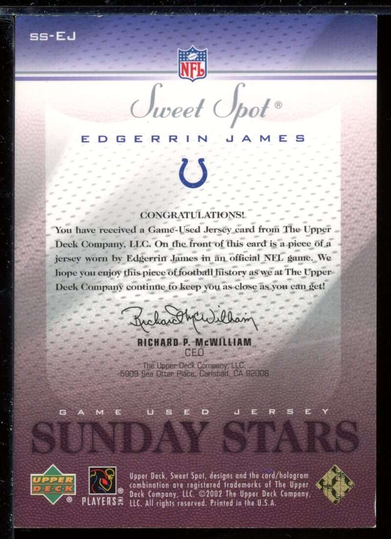 Edgerrin James Card 2002 Sweet Spot Sunday Stars Jerseys #SSEJ /150 Image 2