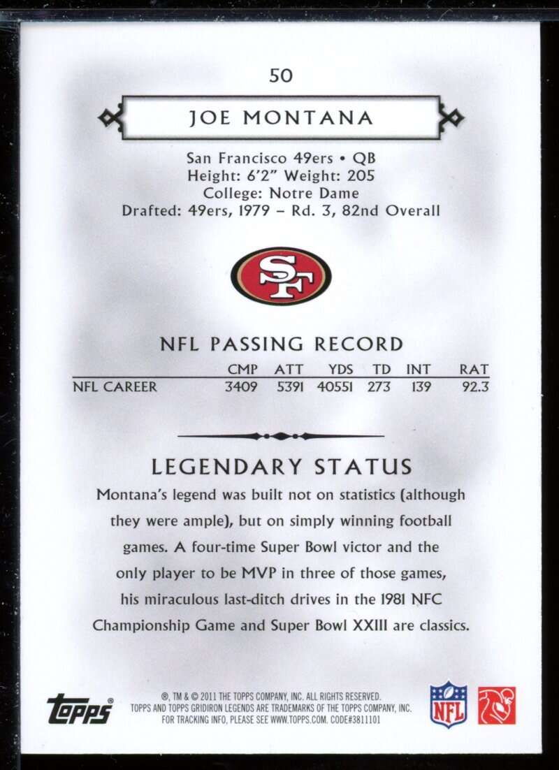 Joe Montana Card 2011 Topps Legends Blue #50 Image 2