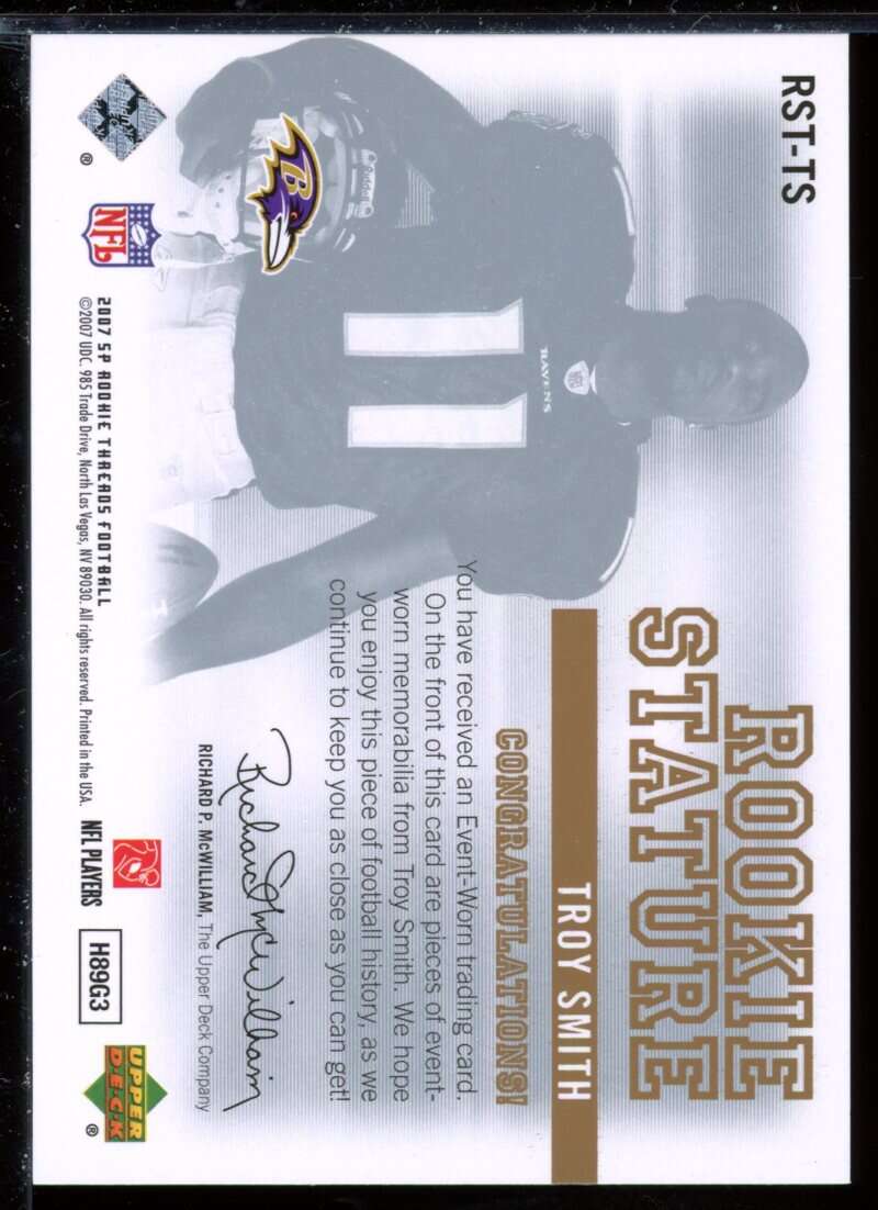 Troy Smith Card 2007 SP Rookie Threads Rookie STATure #RSTTS /30 Image 2