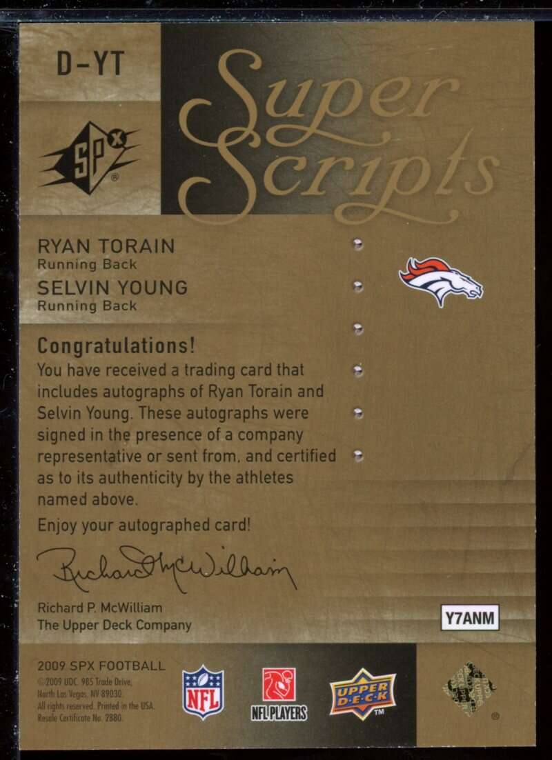 Ryan Torain/Selvin Young Card 2009 SPx Super Scripts Autographs Dual #DYT Image 2