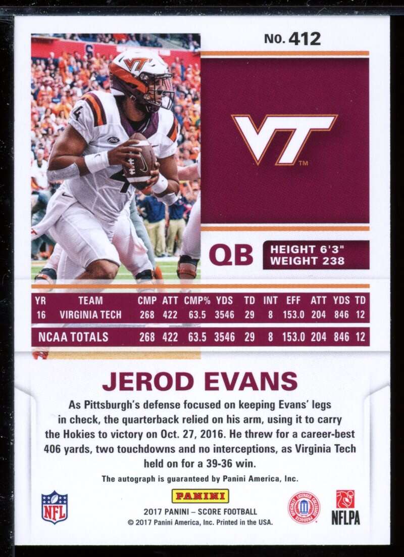 Jerod Evans Card 2017 Score Red Zone Autograph #412 Image 2