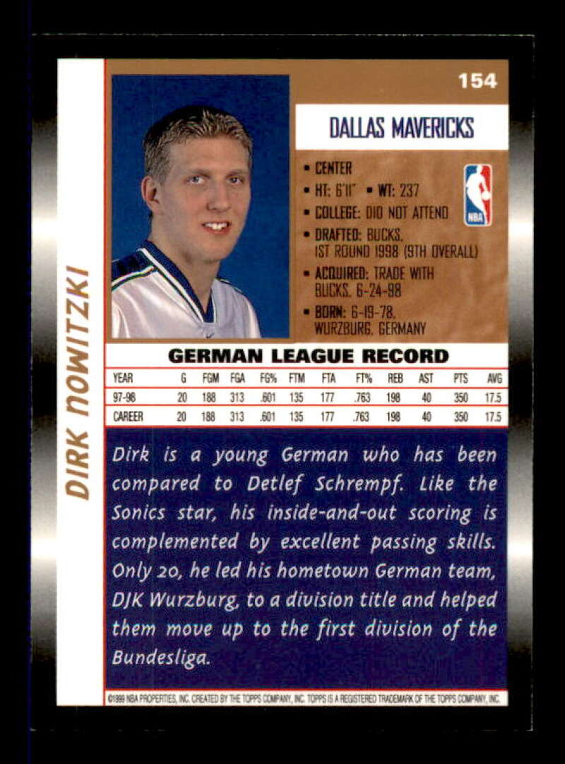 Dirk Nowitzki Rookie Card 1998-99 Topps #154 Image 2