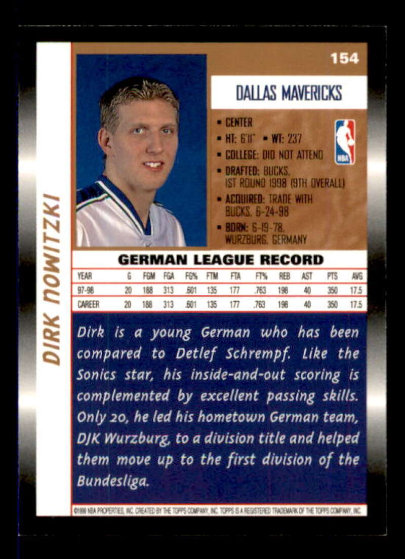 Dirk Nowitzki Rookie Card 1998-99 Topps #154 Image 2