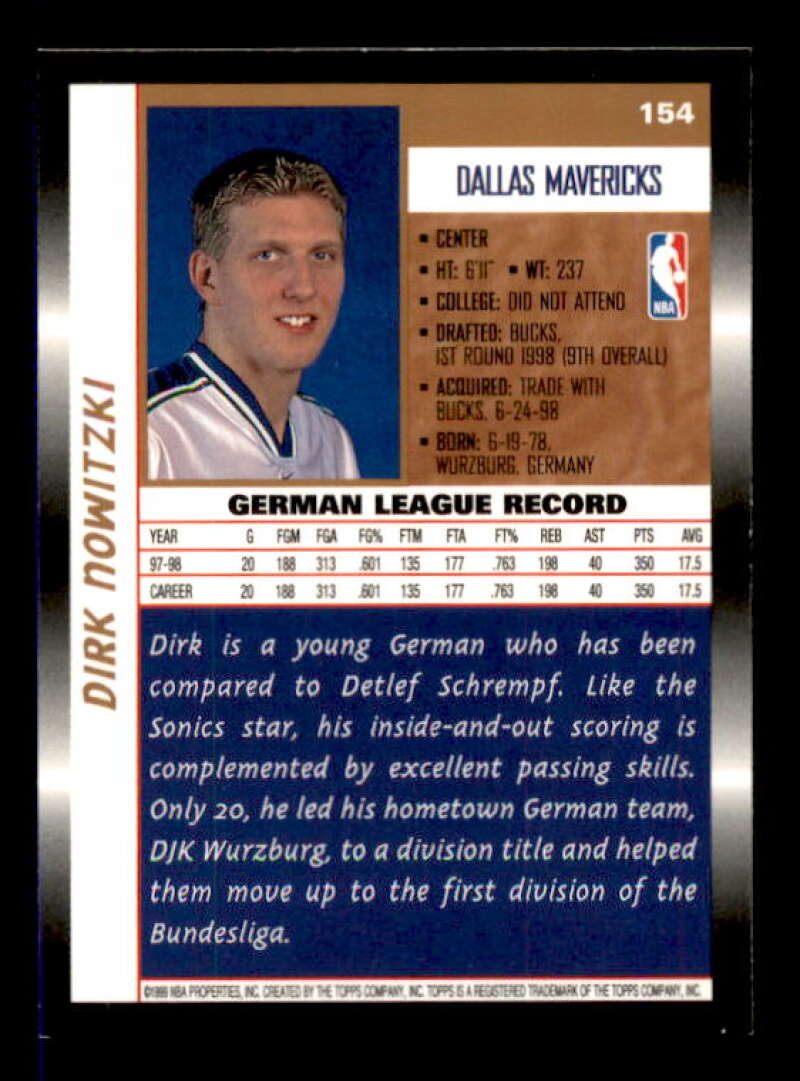 Dirk Nowitzki Rookie Card 1998-99 Topps #154 Image 2