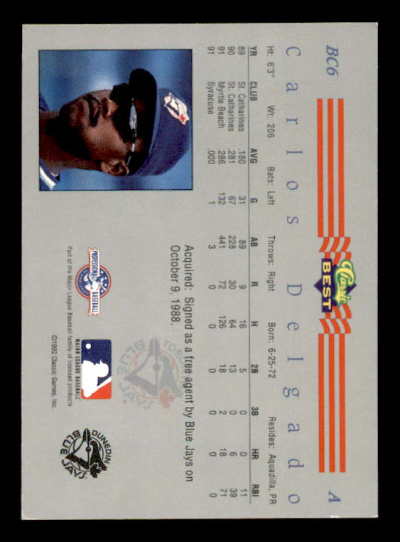 Carlos Delgado Rookie Auto Card 1992 Classic/Best Blue Bonus #BC6 Image 2