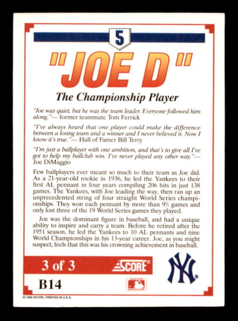 Joe DiMaggio/The Legend Card 1992 Score DiMaggio #5 Image 2