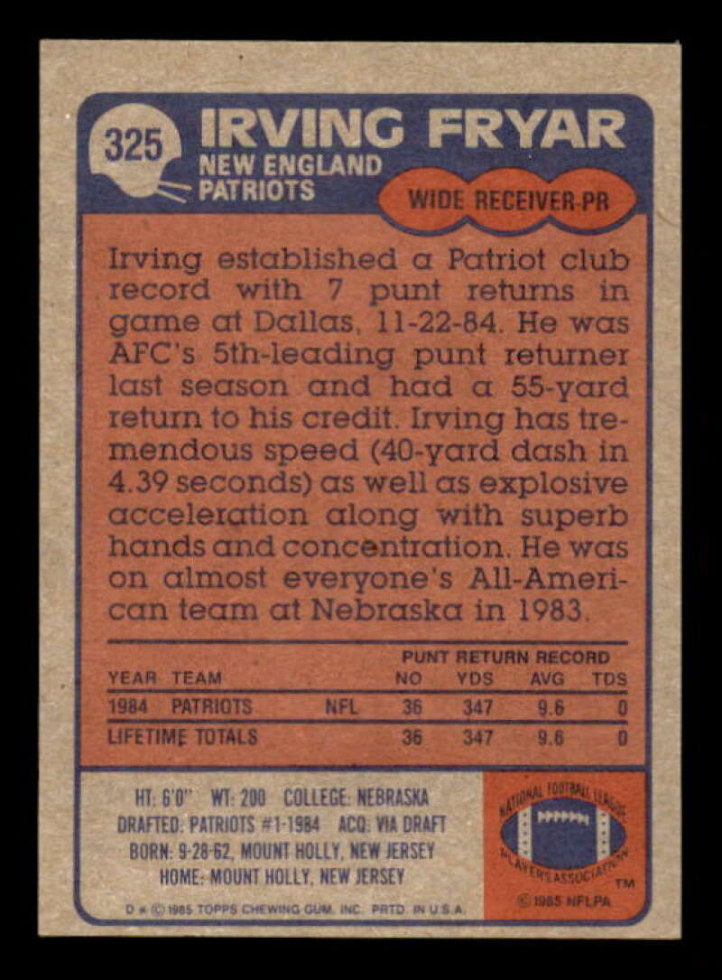Irving Fryar Rookie Card 1985 Topps #325 Image 2