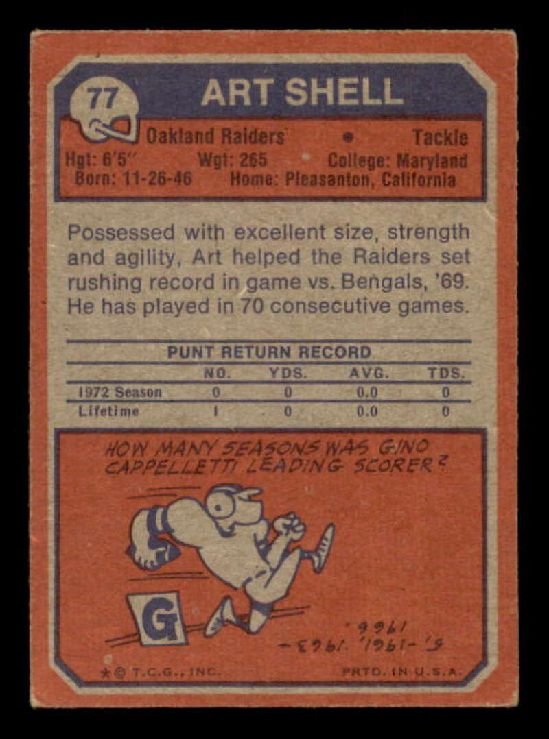 Art Shell Rookie Card 1973 Topps #77 Image 2