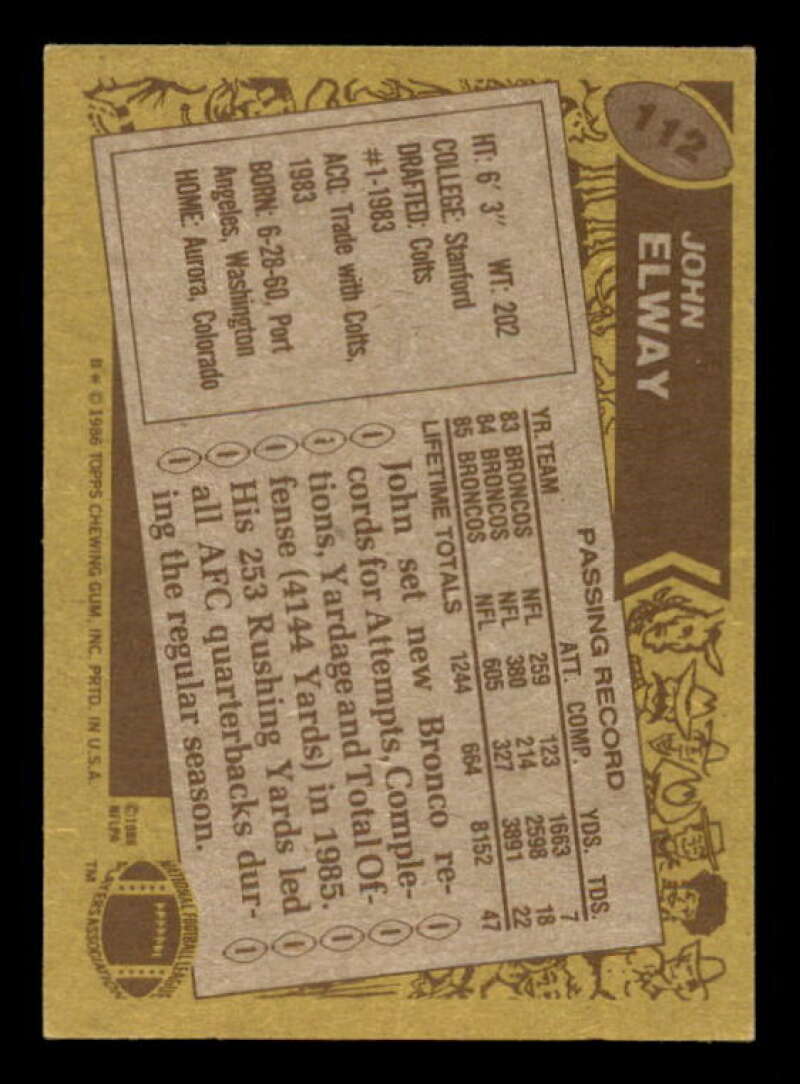 John Elway Card 1986 Topps #112 Image 2