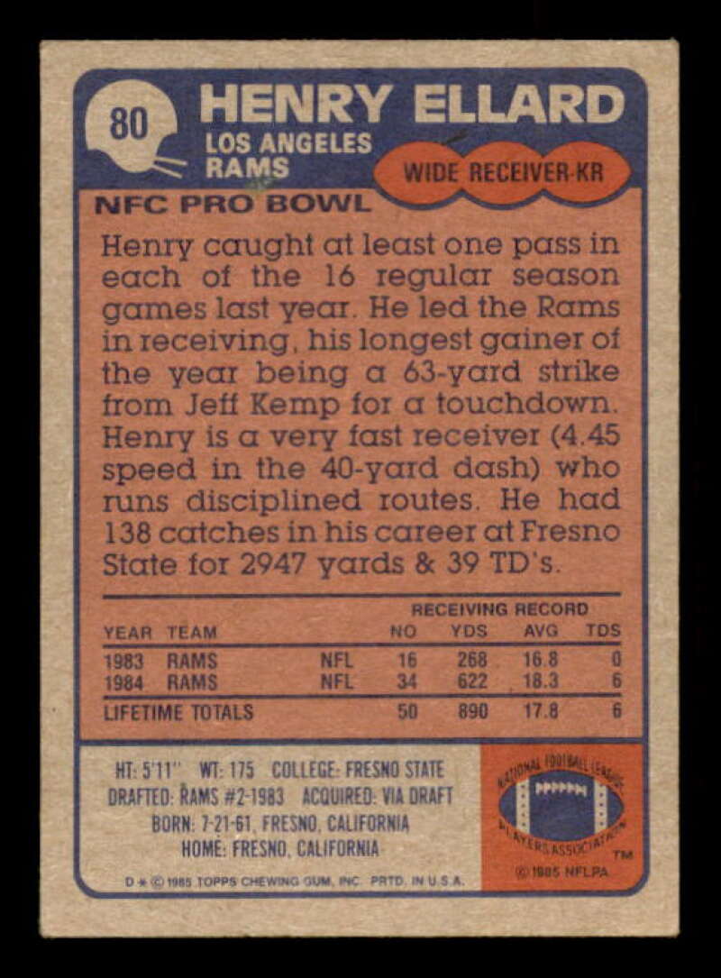 Henry Ellard Rookie Card 1985 Topps #80 Image 2