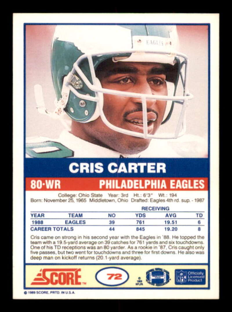 Cris Carter Rookie Card 1989 Score #72 Image 2