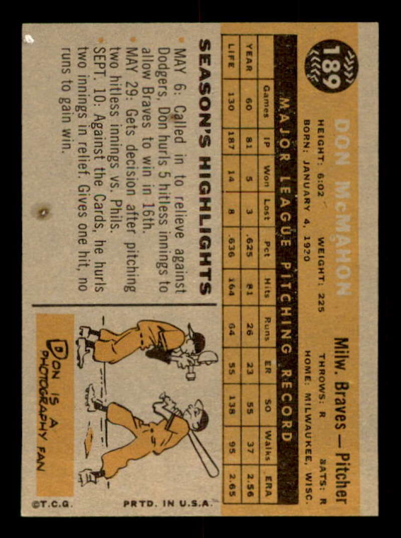 Don McMahon Card 1960 Topps #189 Image 2