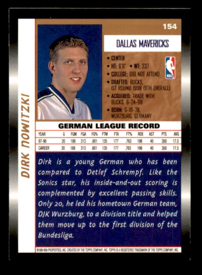 Dirk Nowitzki Rookie Card 1998-99 Topps #154 Image 2