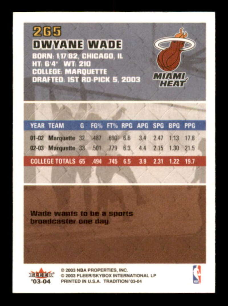 Dwyane Wade Rookie Card 2003-04 Fleer Tradition #265 Image 2