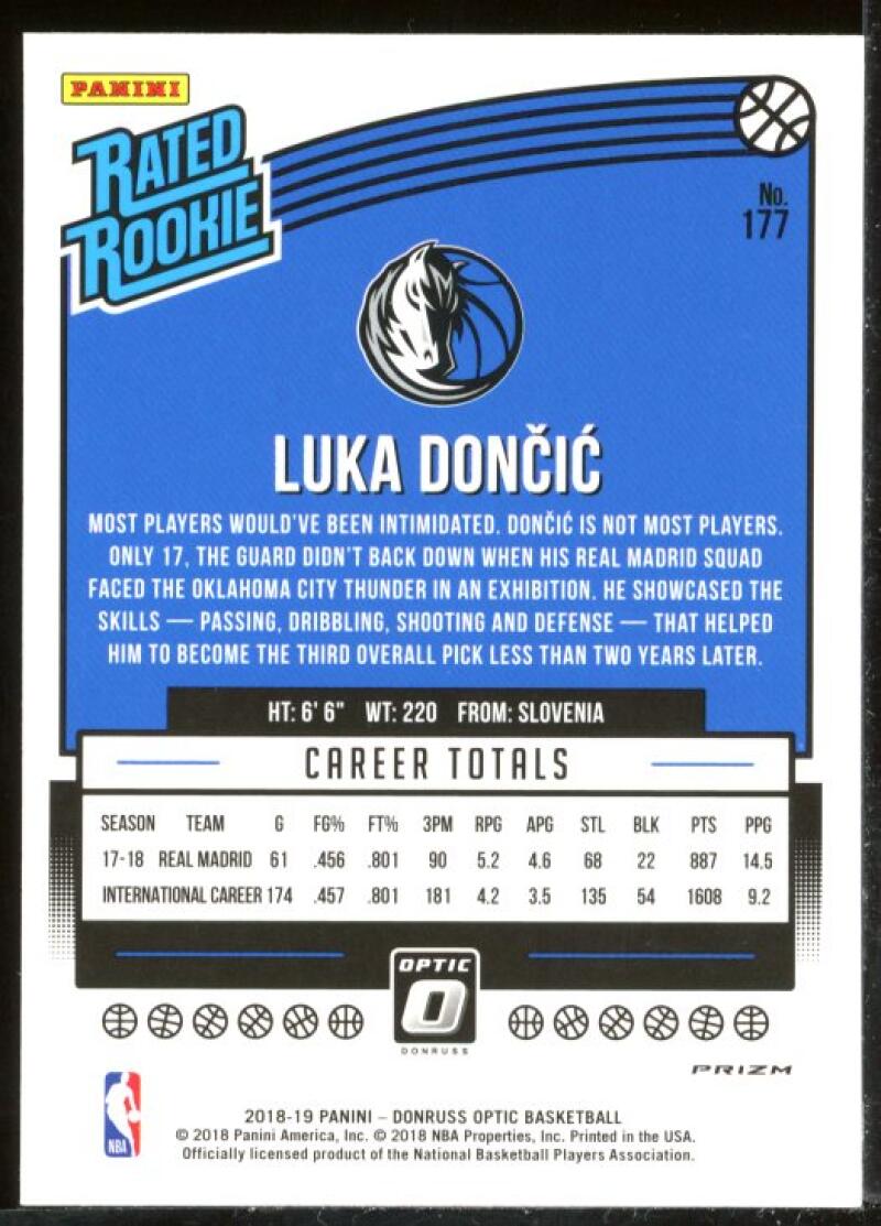 Luka Doncic RR Rookie Card 2018-19 Donruss Optic Shock #177 Black Line Image 2