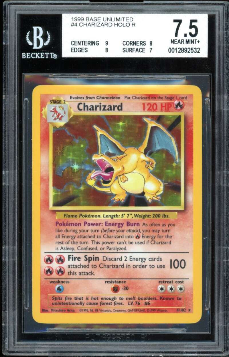 Charizard-Holo Card 1999 Base Unlimited #4 BGS 7.5 (9 8 8 7) Image 1