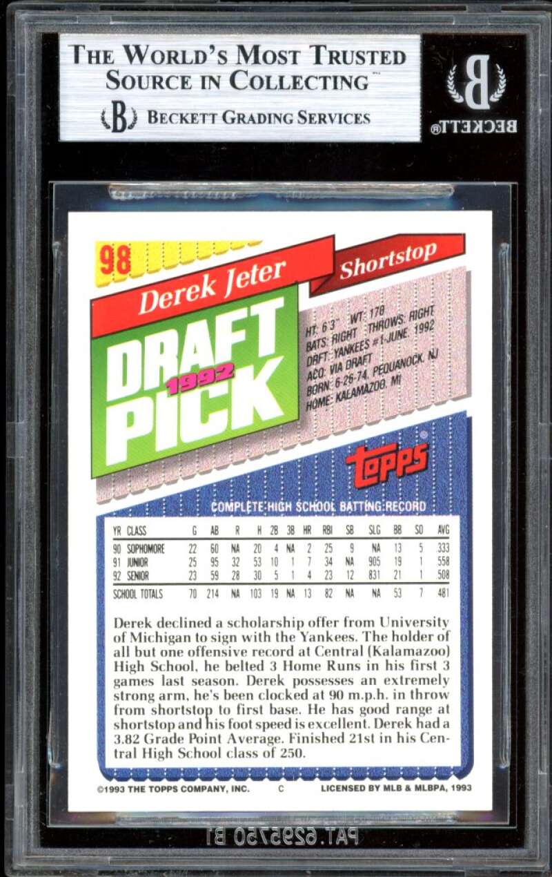 Derek Jeter Card 1993 Topps #98 BGS 9 (8.5 9 9.5 9.5) Image 2