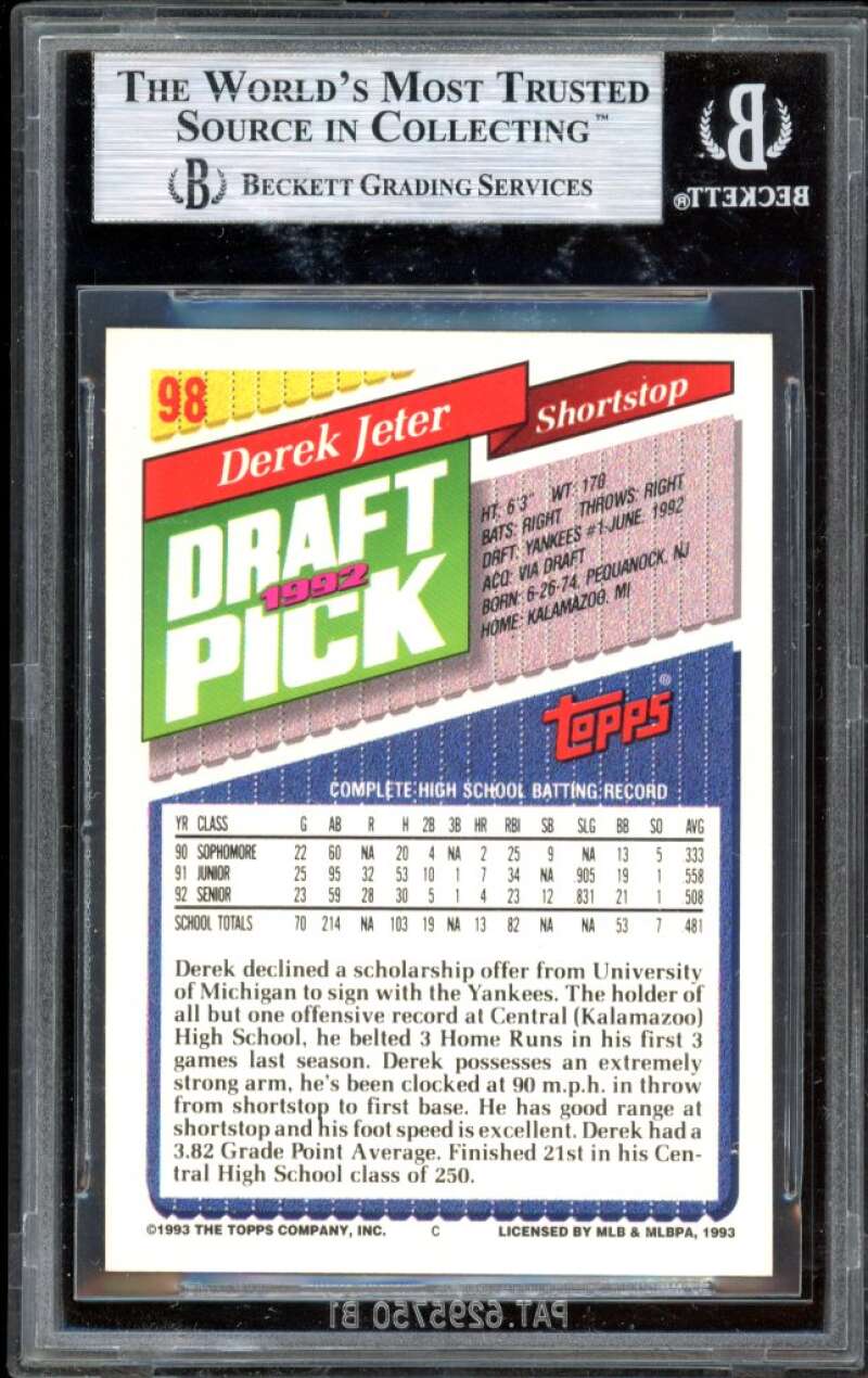 Derek Jeter Card 1993 Topps #98 BGS 9 (8.5 9 9 9) Image 2
