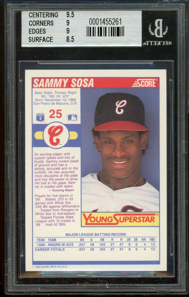 Sammy Sosa Rookie Card 1990 Score Young Superstars #25 BGS 9 (9.5 9 9 8.5) Image 2