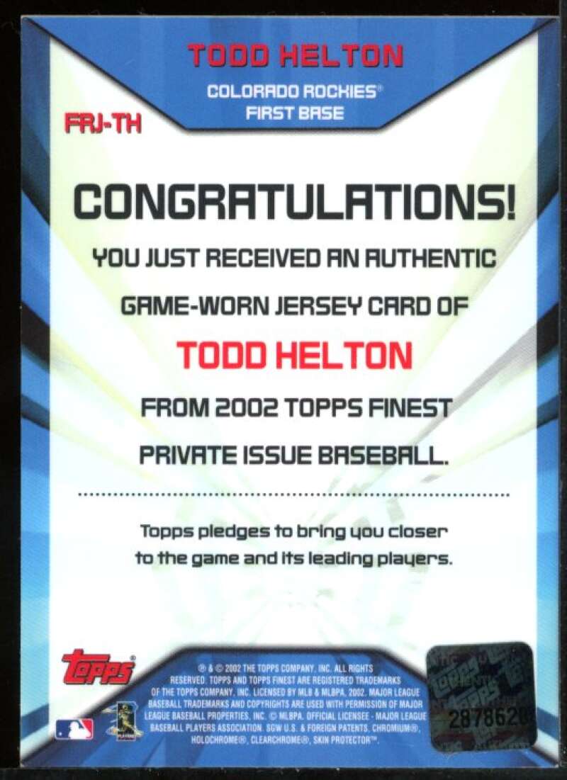 Todd Helton Card 2002 Finest Jersey Relics #FJRTH Image 2