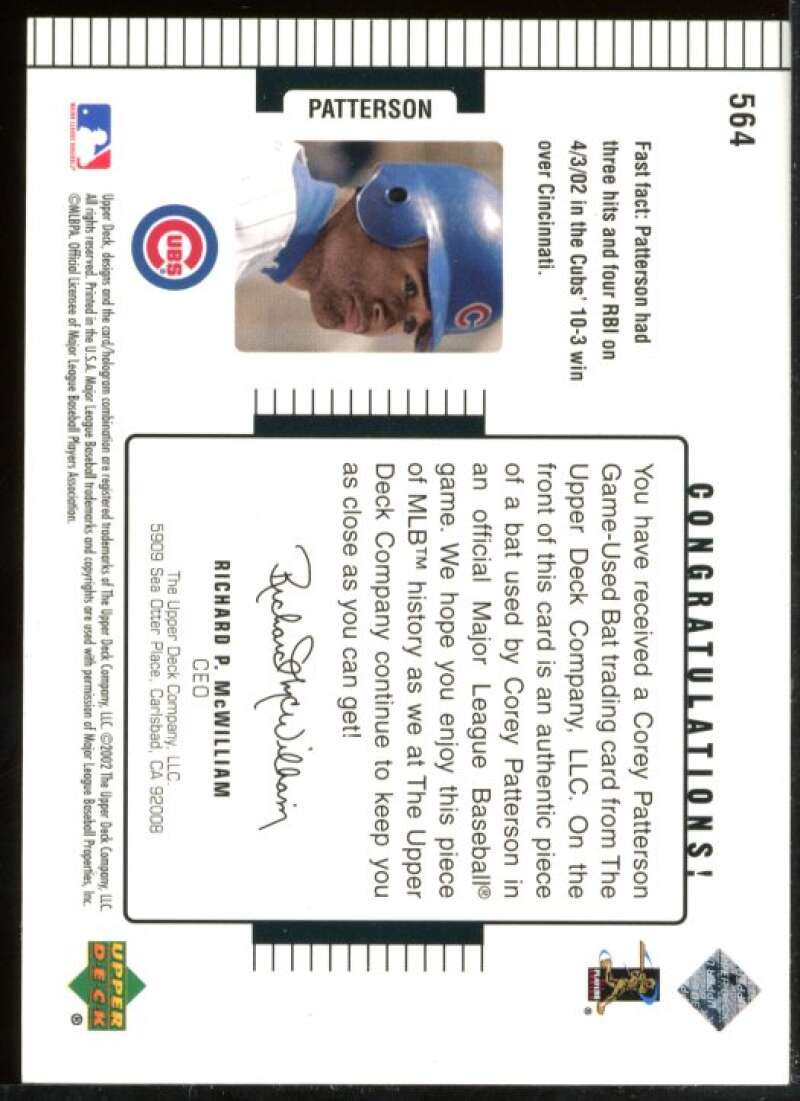 Corey Patterson DC Bat Card 2002 Upper Deck Diamond Connection #564 Image 2