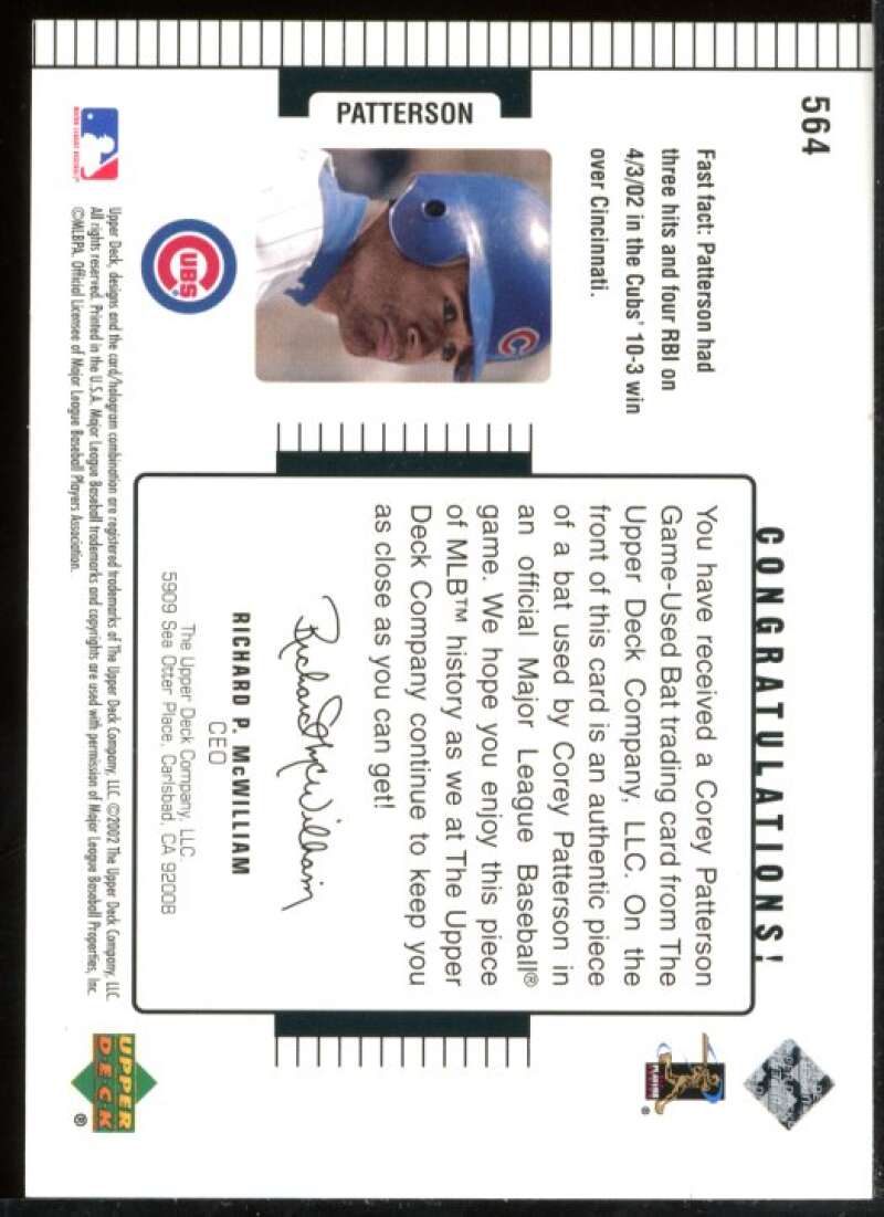 Corey Patterson DC Bat Card 2002 Upper Deck Diamond Connection #564 Image 2