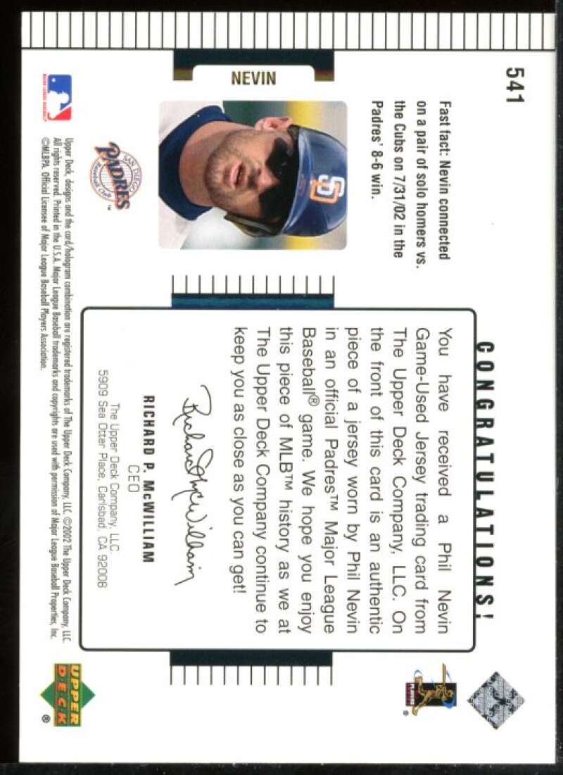 Phil Nevin DC Jsy Card 2002 Upper Deck Diamond Connection #541 Image 2