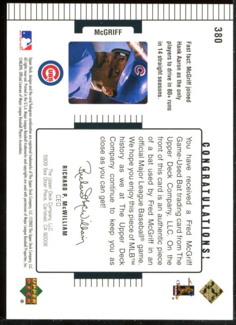 Fred McGriff DC Bat Card 2002 Upper Deck Diamond Connection #380 Image 2
