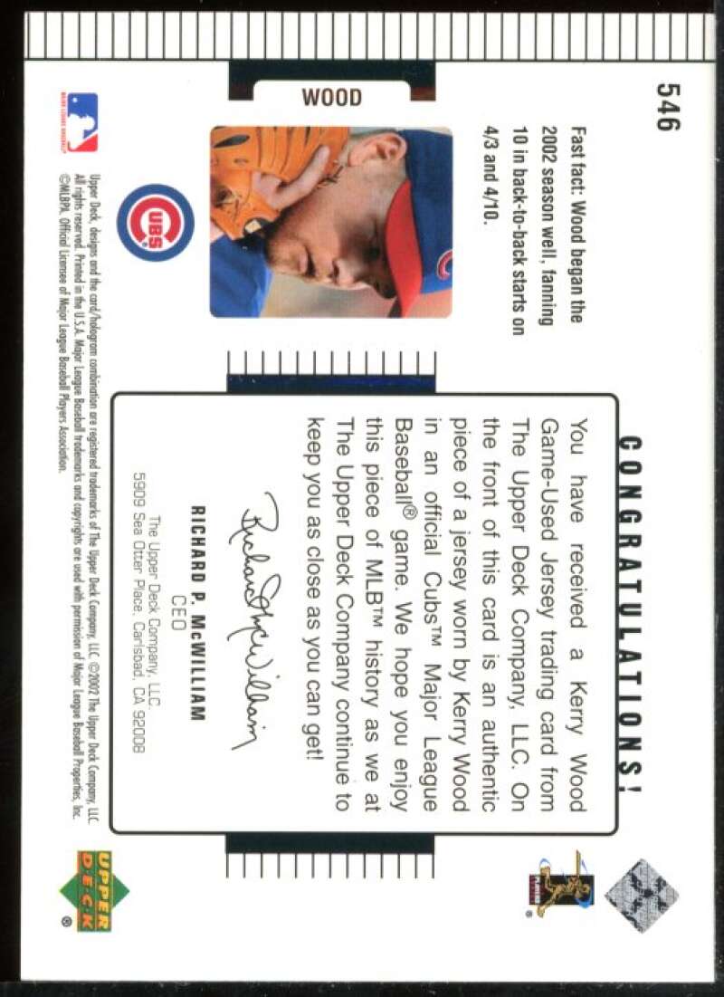 Kerry Wood DC Jsy Card 2002 Upper Deck Diamond Connection #546 Image 2