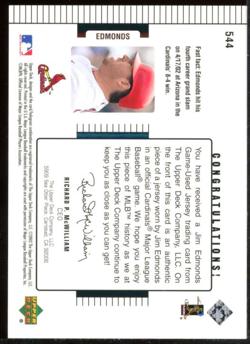 Jim Edmonds DC Jsy Card 2002 Upper Deck Diamond Connection #544 Image 2