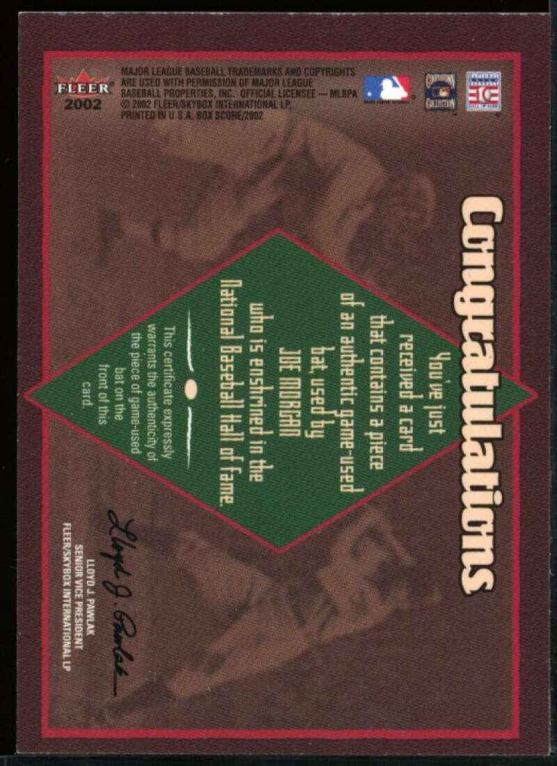 Joe Morgan Bat Card 2002 Fleer Box Score Hall of Fame Material #4 Image 2