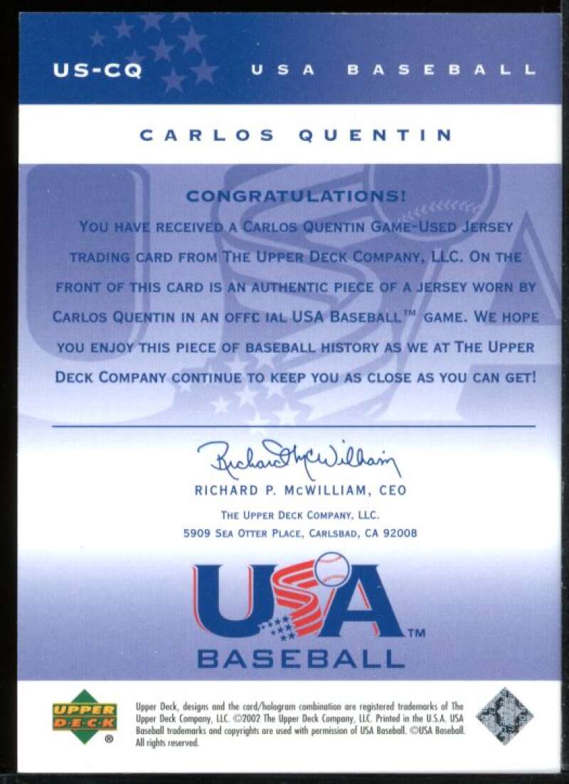 Carlos Quentin Card 2002 USA Baseball National Team Jerseys #CQ Image 2