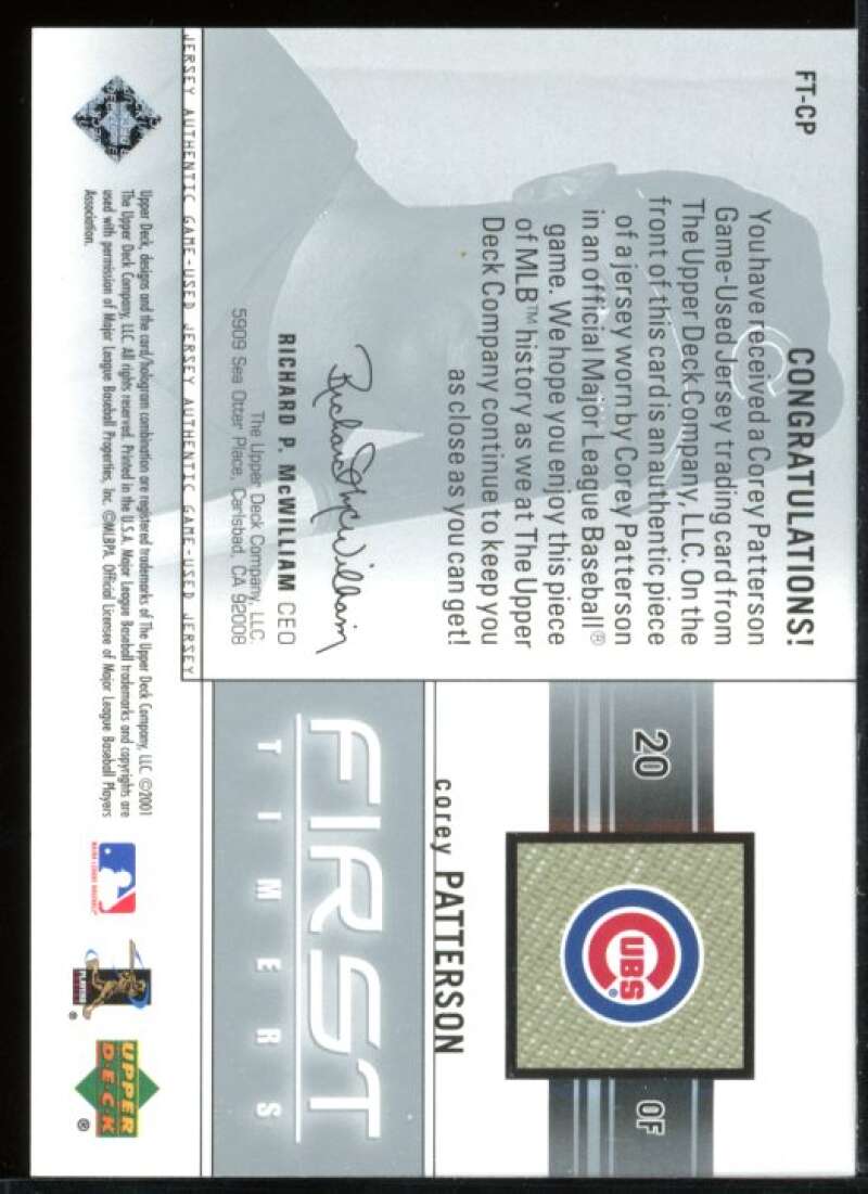 Corey Patterson Card 2002 Upper Deck First Timers Game Jersey #FTCP Image 2
