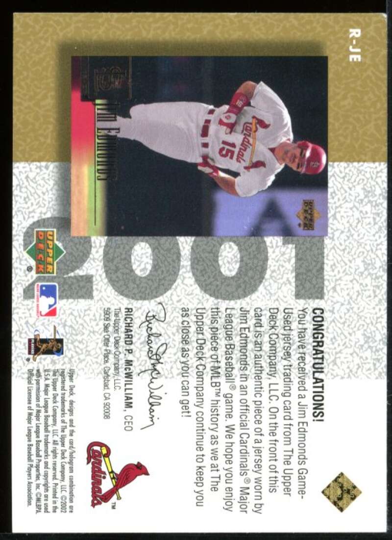 Jim Edmonds Card 2002 UD Authentics Reverse Negative Jerseys Gold #RJE –