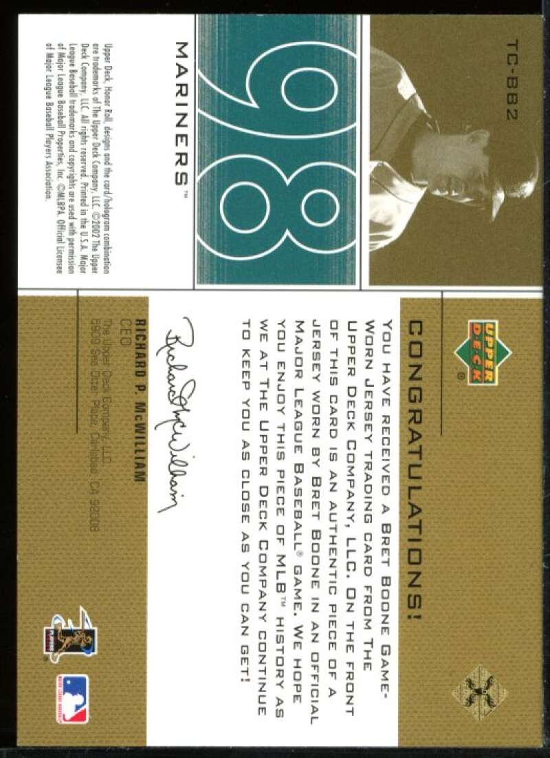 Bret Boone 98 SP 2002 UD Honor Roll Time Capsule Game Jersey #TCBB2 /69 Image 2