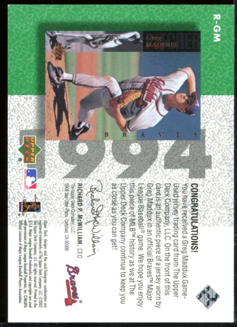 Greg Maddux Card 2002 UD Authentics Reverse Negative Jerseys #RGM Image 2