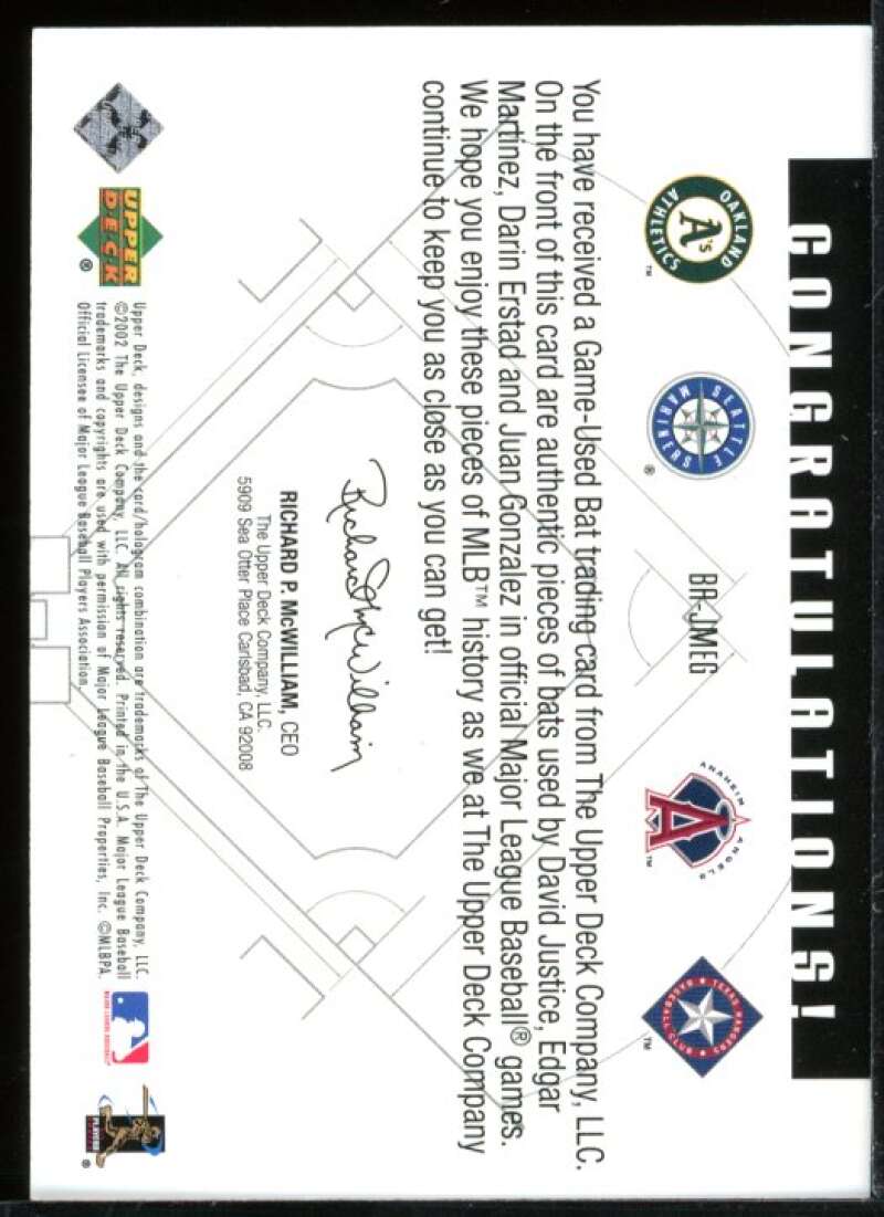 Justice/Edgar Martinez/Erstad/Gonzalez 2002 UD Diamond Connection Quads #JMEG Image 2