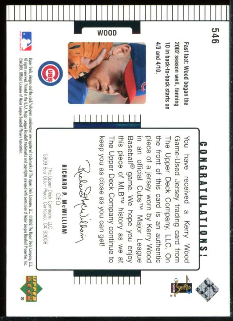 Kerry Wood DC Jsy Card 2002 Upper Deck Diamond Connection #546 Image 2