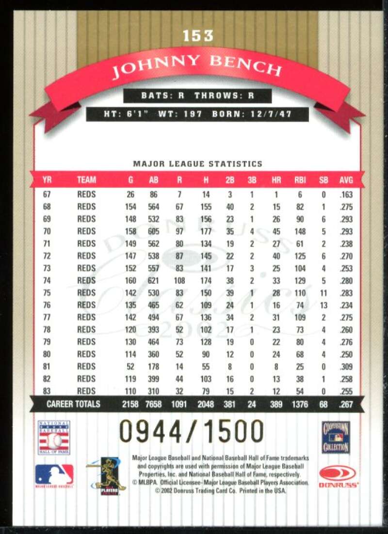 Johnny Bench LGD Card 2002 Donruss Classics #153 Image 2