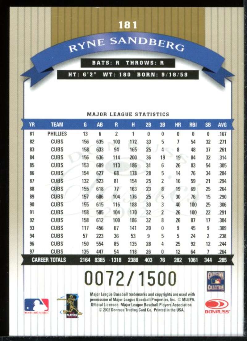 Ryne Sandberg LGD Card 2002 Donruss Classics #181 Image 2