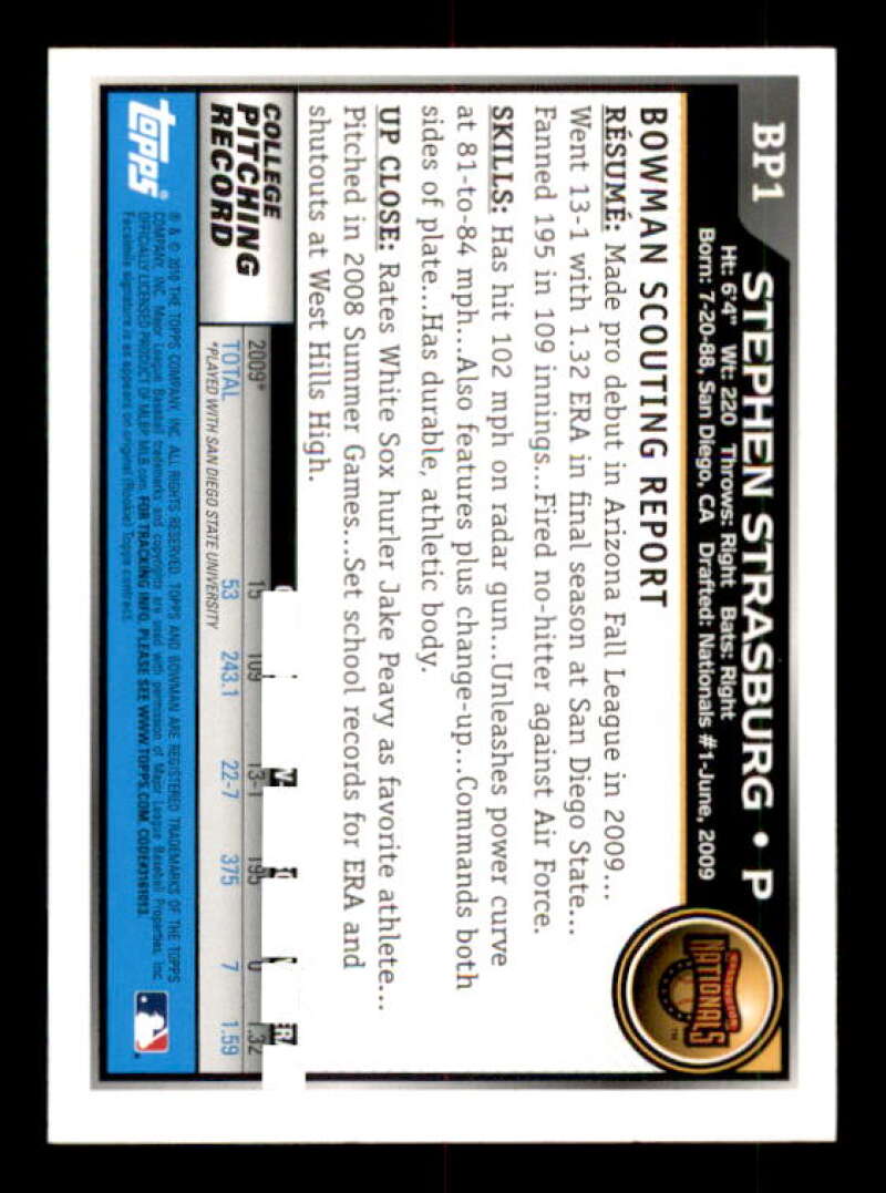 Stephen Strasburg Rookie Card 2010 Bowman Prospects #BP1a Image 2