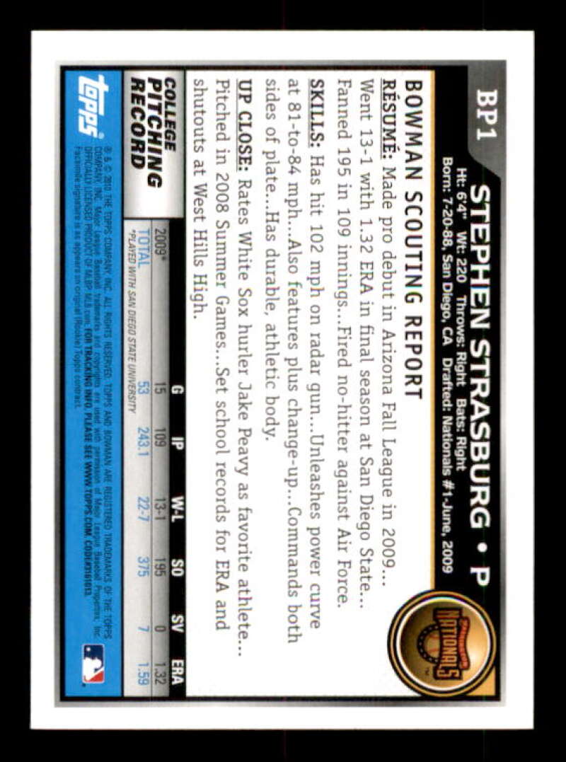 Stephen Strasburg Rookie Card 2010 Bowman Prospects #BP1a Image 2