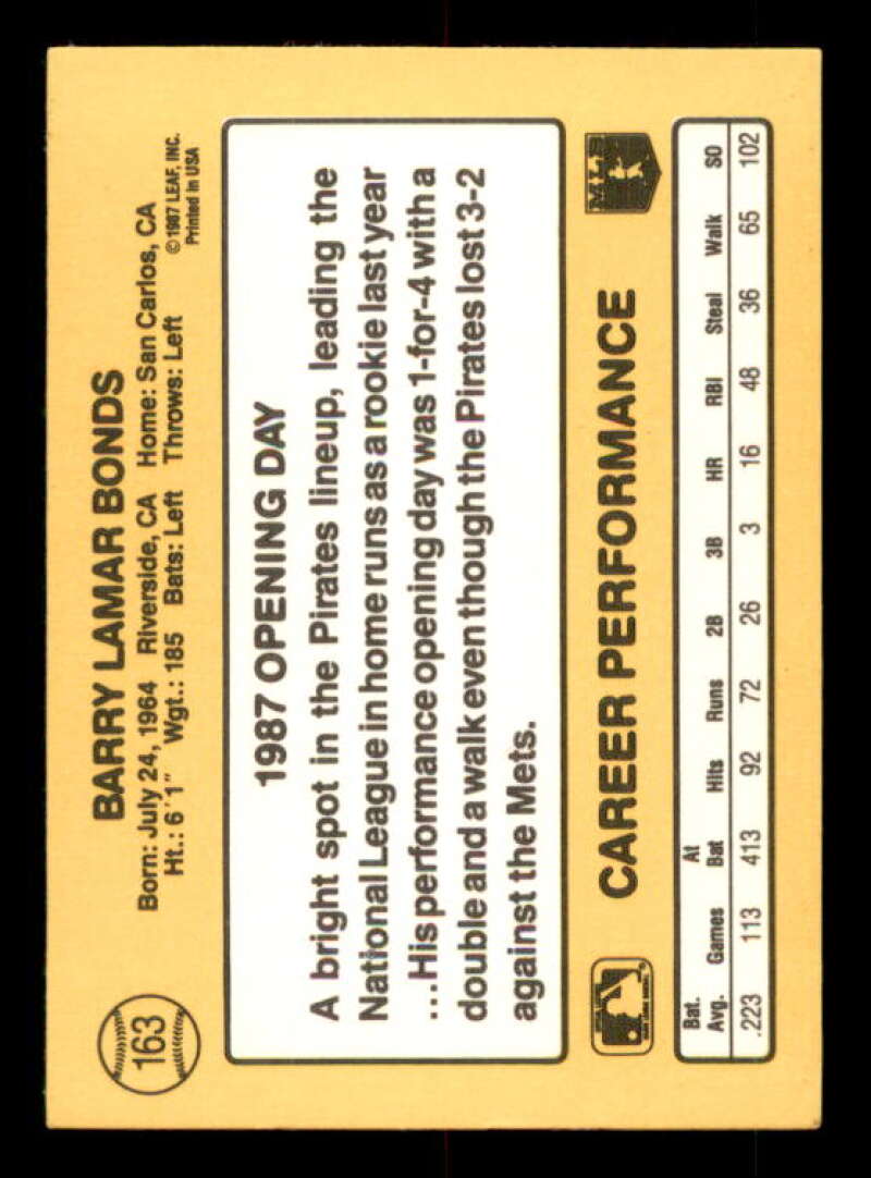 Barry Bonds COR Rookie Card 1987 Donruss Opening Day #163B Image 2