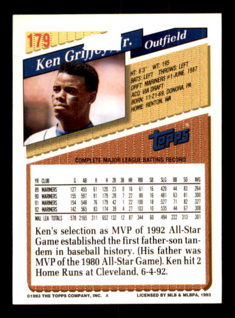 Ken Griffey Jr. Card 1993 Topps Gold #179 Image 2