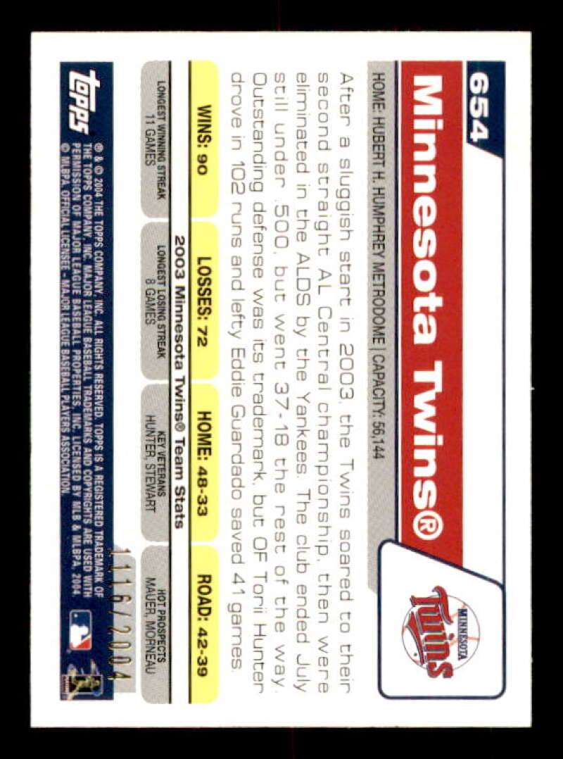 Minnesota Twins TC Card 2004 Topps Gold #654 Image 2