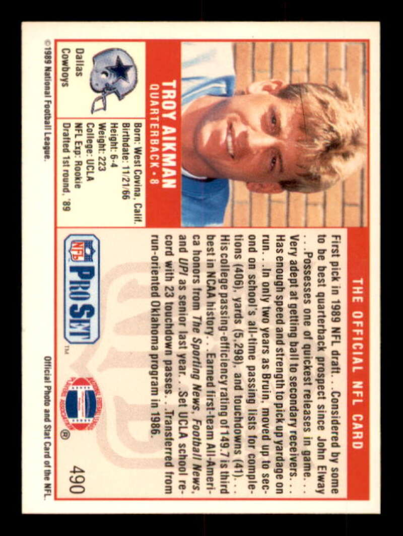 Troy Aikman Rookie Card 1989 Pro Set #490 Image 2