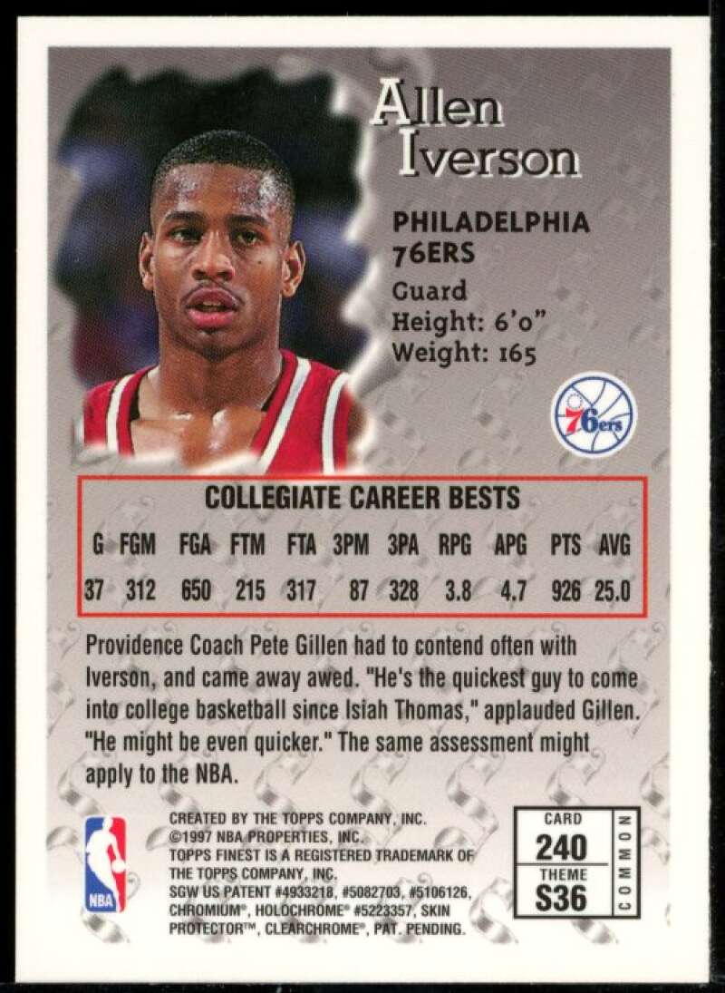 Allen Iverson B Rookie Card 1996-97 Finest #240 Image 2
