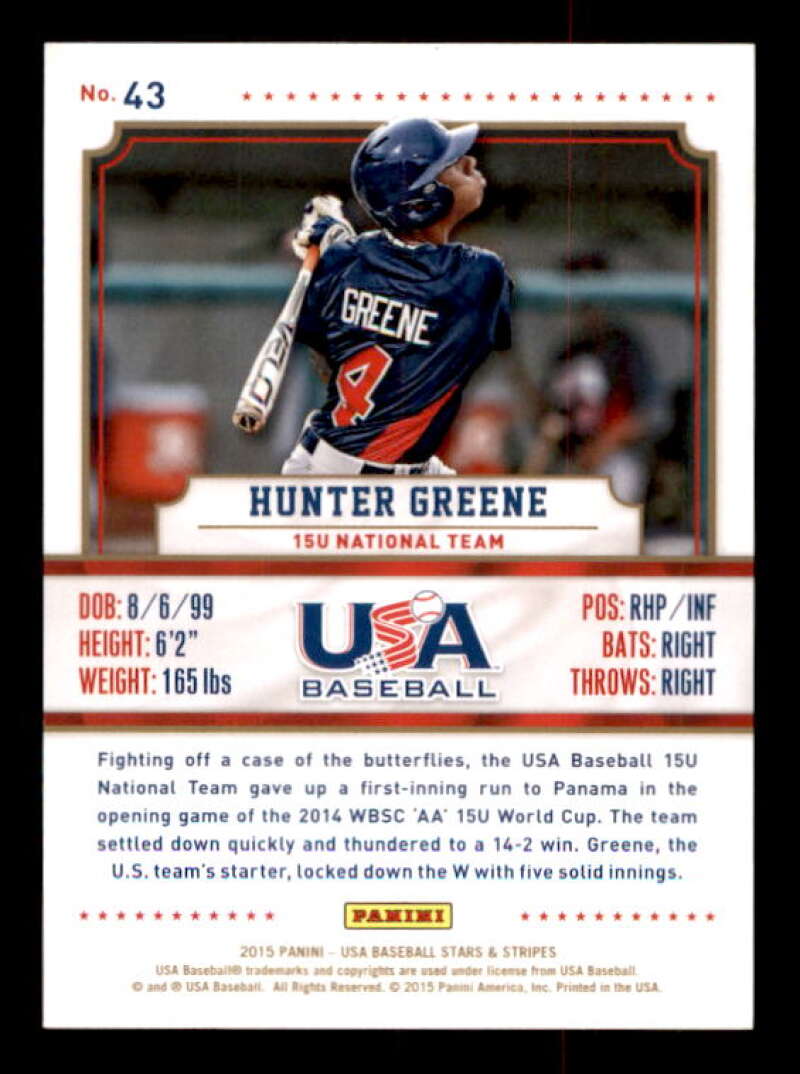 Hunter Greene Card 2015 USA Baseball Stars and Stripes Longevity Holofoil #43 Image 2