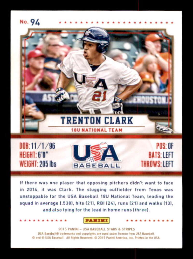 Trenton Clark Card 2015 USA Baseball Stars and Stripes Longevity Holofoil #94 Image 2