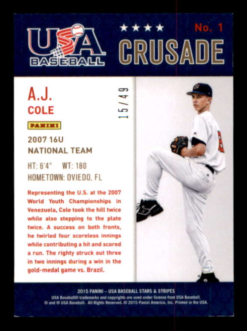 A.J. Cole Card 2015 USA Baseball Stars and Stripes Crusade Red and Blue #1 Image 2